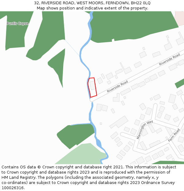32, RIVERSIDE ROAD, WEST MOORS, FERNDOWN, BH22 0LQ: Location map and indicative extent of plot