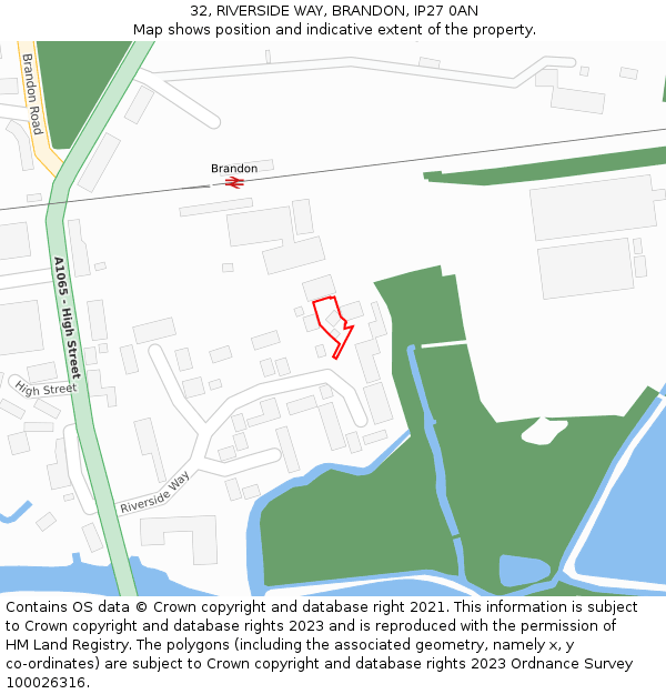 32, RIVERSIDE WAY, BRANDON, IP27 0AN: Location map and indicative extent of plot