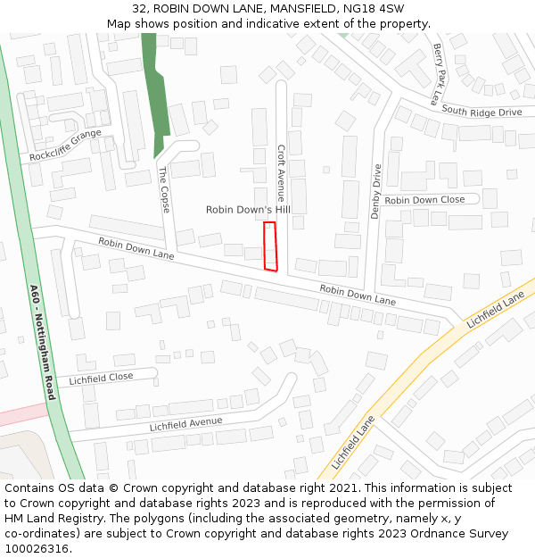 32, ROBIN DOWN LANE, MANSFIELD, NG18 4SW: Location map and indicative extent of plot