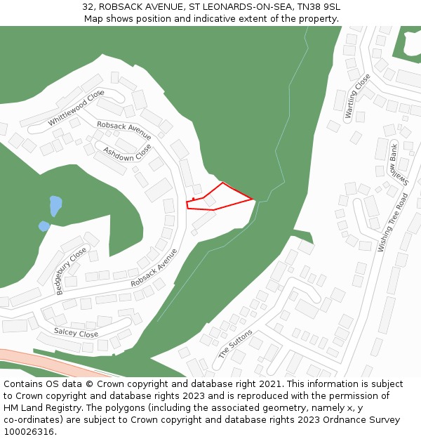 32, ROBSACK AVENUE, ST LEONARDS-ON-SEA, TN38 9SL: Location map and indicative extent of plot