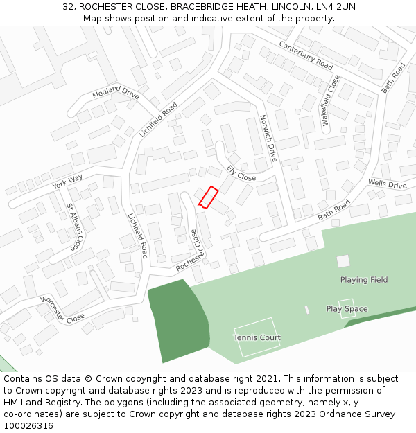 32, ROCHESTER CLOSE, BRACEBRIDGE HEATH, LINCOLN, LN4 2UN: Location map and indicative extent of plot