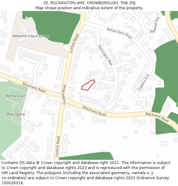 32, ROCKINGTON WAY, CROWBOROUGH, TN6 2NJ: Location map and indicative extent of plot