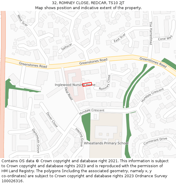 32, ROMNEY CLOSE, REDCAR, TS10 2JT: Location map and indicative extent of plot