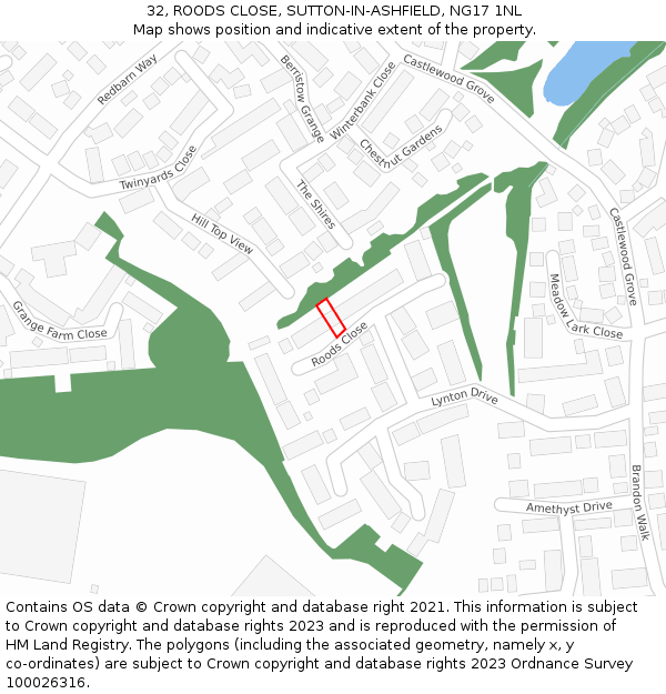 32, ROODS CLOSE, SUTTON-IN-ASHFIELD, NG17 1NL: Location map and indicative extent of plot