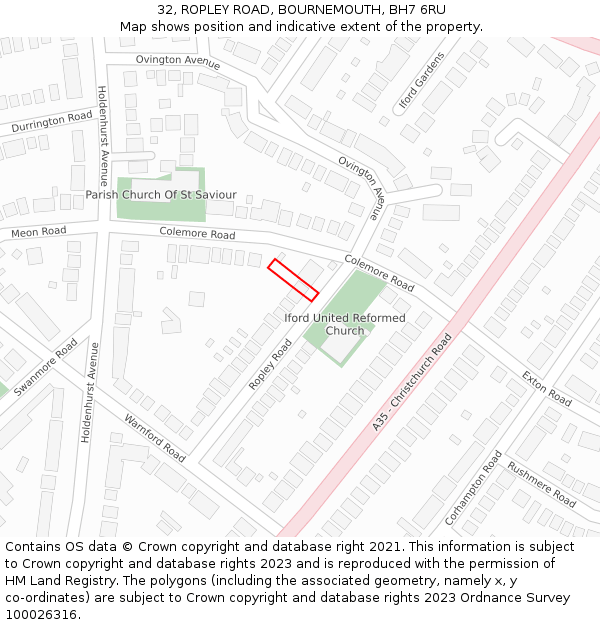 32, ROPLEY ROAD, BOURNEMOUTH, BH7 6RU: Location map and indicative extent of plot