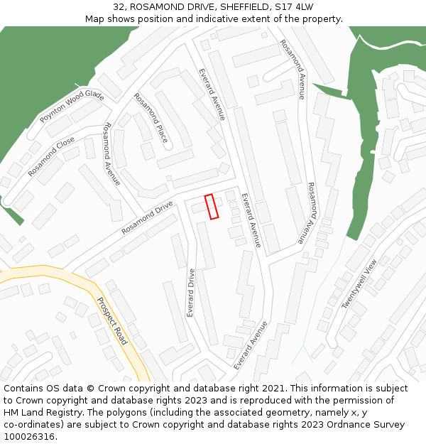 32, ROSAMOND DRIVE, SHEFFIELD, S17 4LW: Location map and indicative extent of plot