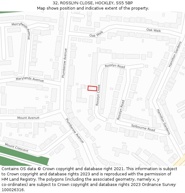 32, ROSSLYN CLOSE, HOCKLEY, SS5 5BP: Location map and indicative extent of plot