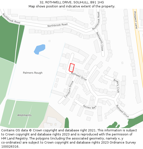 32, ROTHWELL DRIVE, SOLIHULL, B91 1HG: Location map and indicative extent of plot