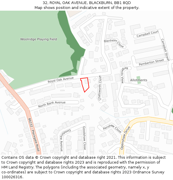 32, ROYAL OAK AVENUE, BLACKBURN, BB1 8QD: Location map and indicative extent of plot