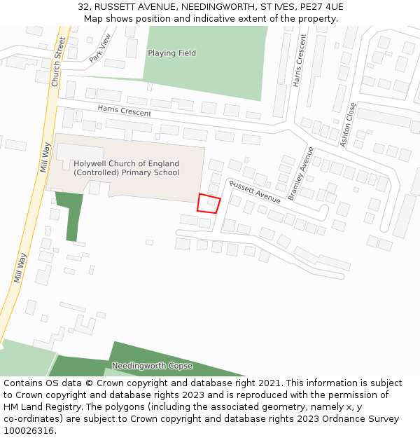 32, RUSSETT AVENUE, NEEDINGWORTH, ST IVES, PE27 4UE: Location map and indicative extent of plot