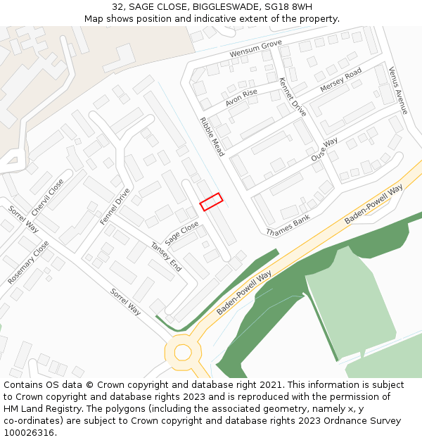 32, SAGE CLOSE, BIGGLESWADE, SG18 8WH: Location map and indicative extent of plot