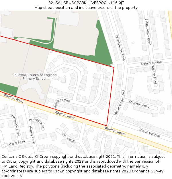 32, SALISBURY PARK, LIVERPOOL, L16 0JT: Location map and indicative extent of plot