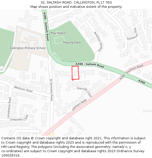 32, SALTASH ROAD, CALLINGTON, PL17 7EG: Location map and indicative extent of plot