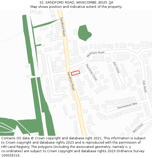 32, SANDFORD ROAD, WINSCOMBE, BS25 1JA: Location map and indicative extent of plot