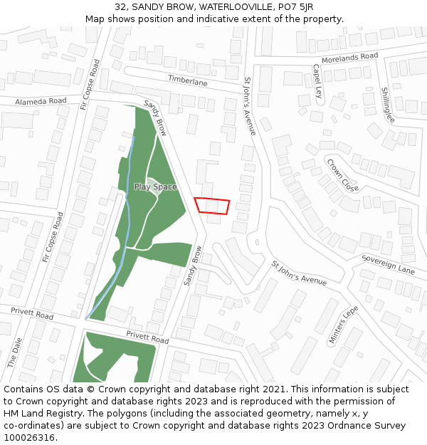 32, SANDY BROW, WATERLOOVILLE, PO7 5JR: Location map and indicative extent of plot