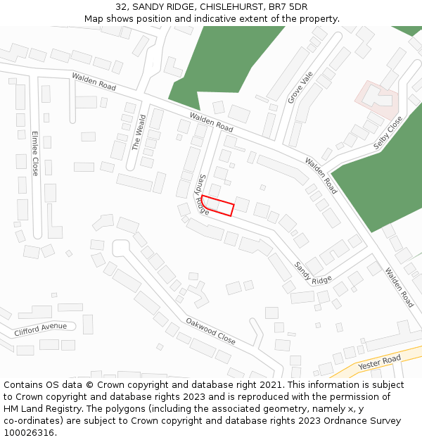 32, SANDY RIDGE, CHISLEHURST, BR7 5DR: Location map and indicative extent of plot