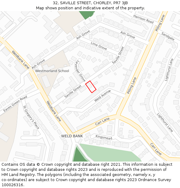 32, SAVILLE STREET, CHORLEY, PR7 3JB: Location map and indicative extent of plot