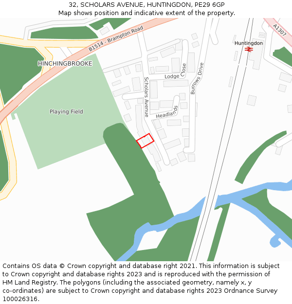 32, SCHOLARS AVENUE, HUNTINGDON, PE29 6GP: Location map and indicative extent of plot