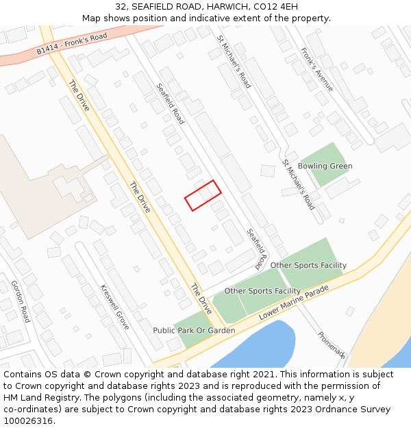 32, SEAFIELD ROAD, HARWICH, CO12 4EH: Location map and indicative extent of plot