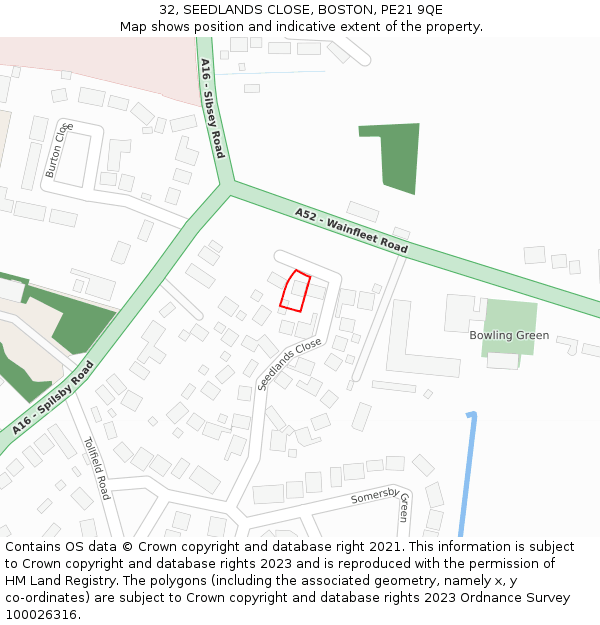 32, SEEDLANDS CLOSE, BOSTON, PE21 9QE: Location map and indicative extent of plot