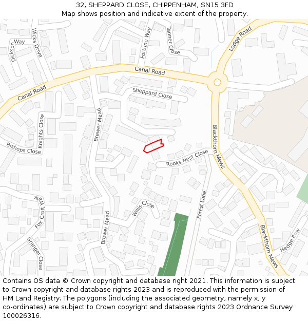 32, SHEPPARD CLOSE, CHIPPENHAM, SN15 3FD: Location map and indicative extent of plot