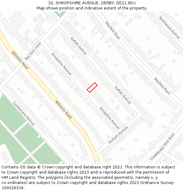 32, SHROPSHIRE AVENUE, DERBY, DE21 6EU: Location map and indicative extent of plot