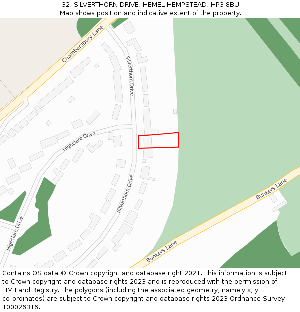 32, SILVERTHORN DRIVE, HEMEL HEMPSTEAD, HP3 8BU: Location map and indicative extent of plot