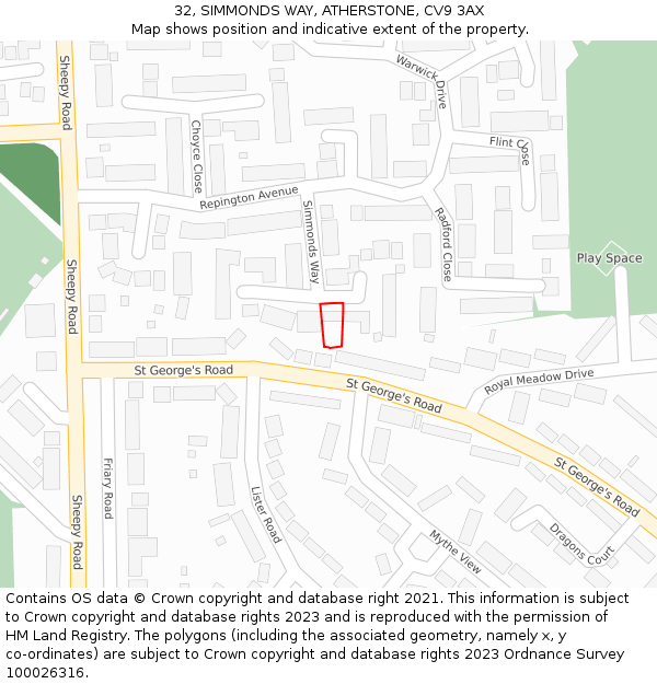 32, SIMMONDS WAY, ATHERSTONE, CV9 3AX: Location map and indicative extent of plot