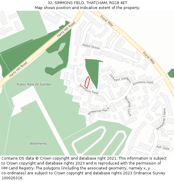 32, SIMMONS FIELD, THATCHAM, RG18 4ET: Location map and indicative extent of plot