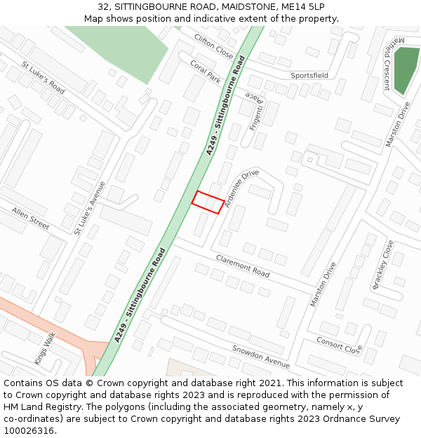 32, SITTINGBOURNE ROAD, MAIDSTONE, ME14 5LP: Location map and indicative extent of plot