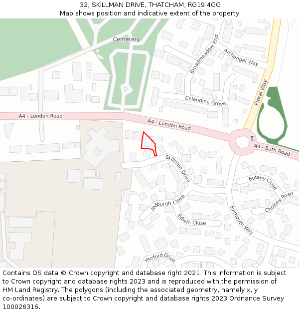 32, SKILLMAN DRIVE, THATCHAM, RG19 4GG: Location map and indicative extent of plot