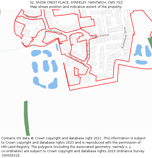 32, SNOW CREST PLACE, STAPELEY, NANTWICH, CW5 7SZ: Location map and indicative extent of plot