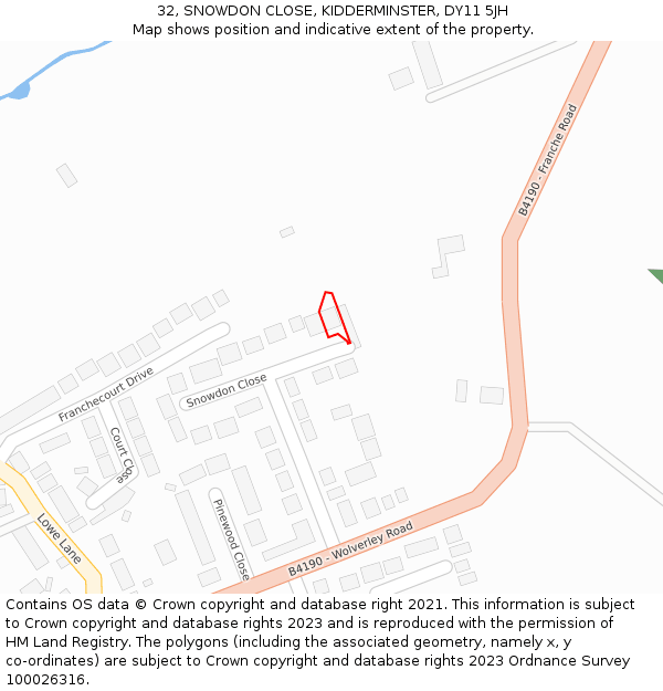 32, SNOWDON CLOSE, KIDDERMINSTER, DY11 5JH: Location map and indicative extent of plot