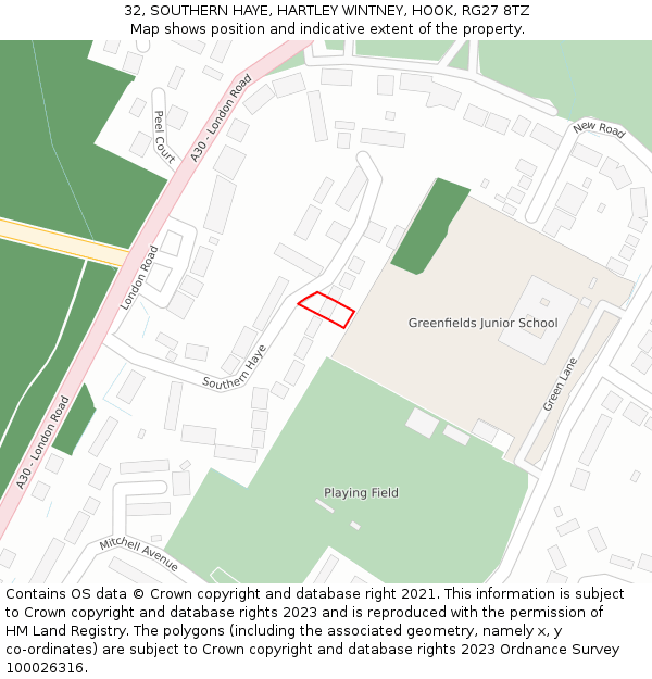 32, SOUTHERN HAYE, HARTLEY WINTNEY, HOOK, RG27 8TZ: Location map and indicative extent of plot