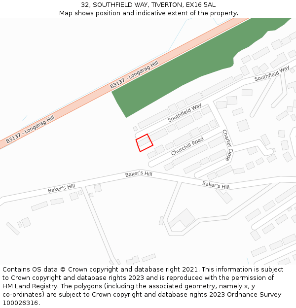 32, SOUTHFIELD WAY, TIVERTON, EX16 5AL: Location map and indicative extent of plot