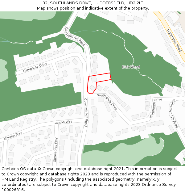 32, SOUTHLANDS DRIVE, HUDDERSFIELD, HD2 2LT: Location map and indicative extent of plot