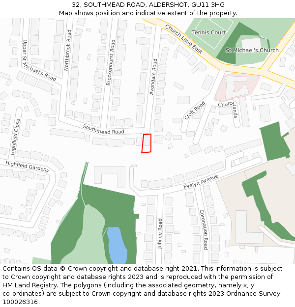 32, SOUTHMEAD ROAD, ALDERSHOT, GU11 3HG: Location map and indicative extent of plot