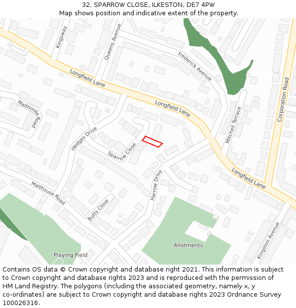32, SPARROW CLOSE, ILKESTON, DE7 4PW: Location map and indicative extent of plot
