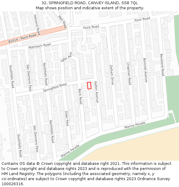 32, SPRINGFIELD ROAD, CANVEY ISLAND, SS8 7QL: Location map and indicative extent of plot