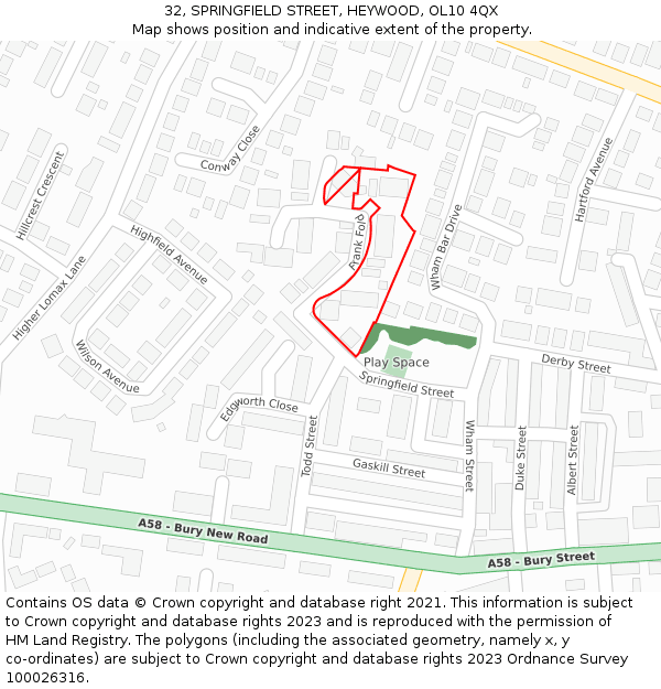 32, SPRINGFIELD STREET, HEYWOOD, OL10 4QX: Location map and indicative extent of plot