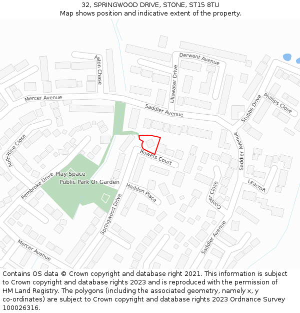 32, SPRINGWOOD DRIVE, STONE, ST15 8TU: Location map and indicative extent of plot