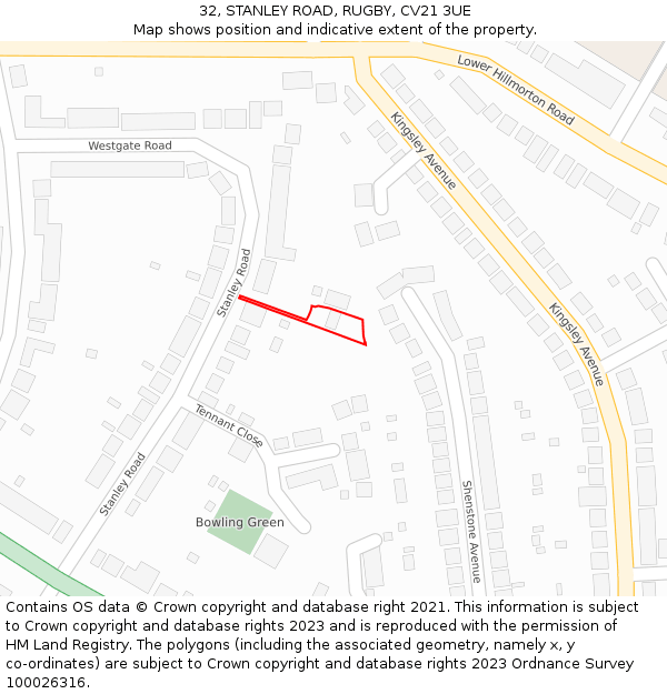 32, STANLEY ROAD, RUGBY, CV21 3UE: Location map and indicative extent of plot