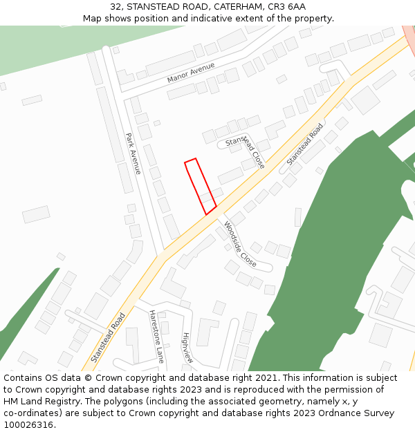 32, STANSTEAD ROAD, CATERHAM, CR3 6AA: Location map and indicative extent of plot