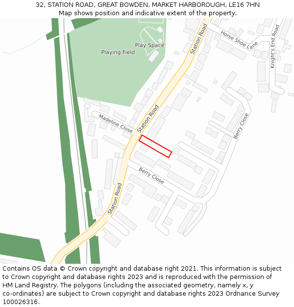 32, STATION ROAD, GREAT BOWDEN, MARKET HARBOROUGH, LE16 7HN: Location map and indicative extent of plot
