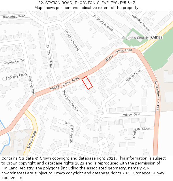 32, STATION ROAD, THORNTON-CLEVELEYS, FY5 5HZ: Location map and indicative extent of plot