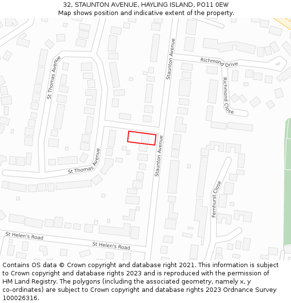 32, STAUNTON AVENUE, HAYLING ISLAND, PO11 0EW: Location map and indicative extent of plot