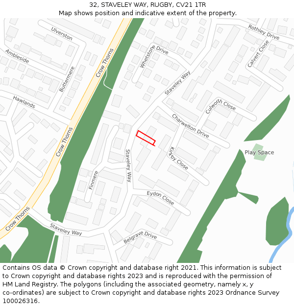 32, STAVELEY WAY, RUGBY, CV21 1TR: Location map and indicative extent of plot