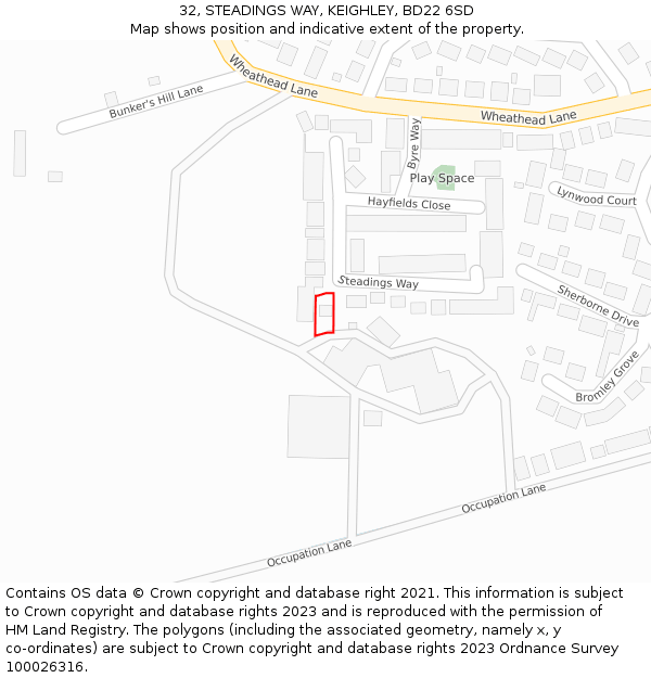 32, STEADINGS WAY, KEIGHLEY, BD22 6SD: Location map and indicative extent of plot