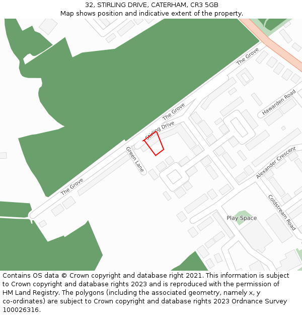 32, STIRLING DRIVE, CATERHAM, CR3 5GB: Location map and indicative extent of plot