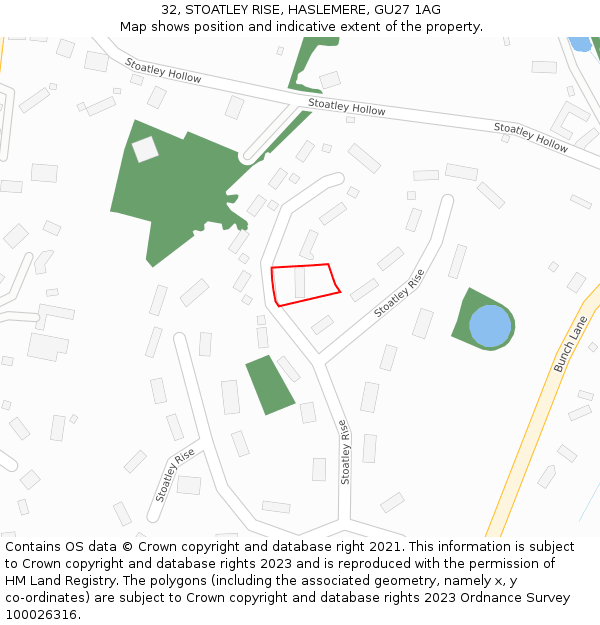 32, STOATLEY RISE, HASLEMERE, GU27 1AG: Location map and indicative extent of plot